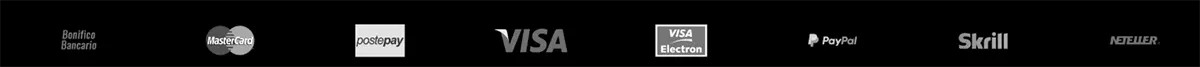 Payment methods strip on a black background featuring Bonifico Bancario, Mastercard, Postepay, Visa, Visa Electron, PayPal, Skrill, and Neteller logos.
