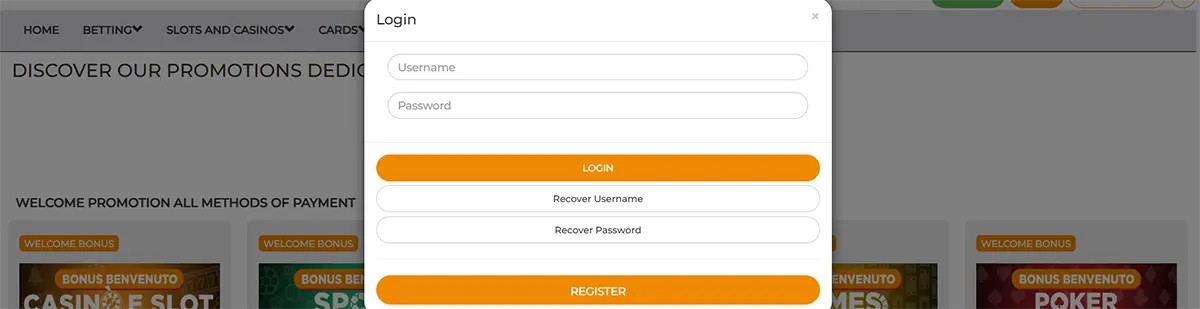 Betpoint login popup with username and password fields, orange login and register buttons, and account recovery options over the promotions page.