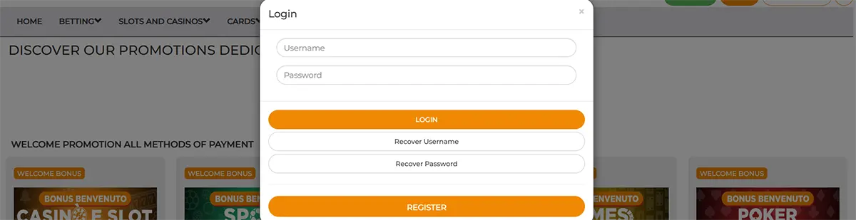 Betpoint login popup with username and password fields, orange login and register buttons, and account recovery options over the promotions page.